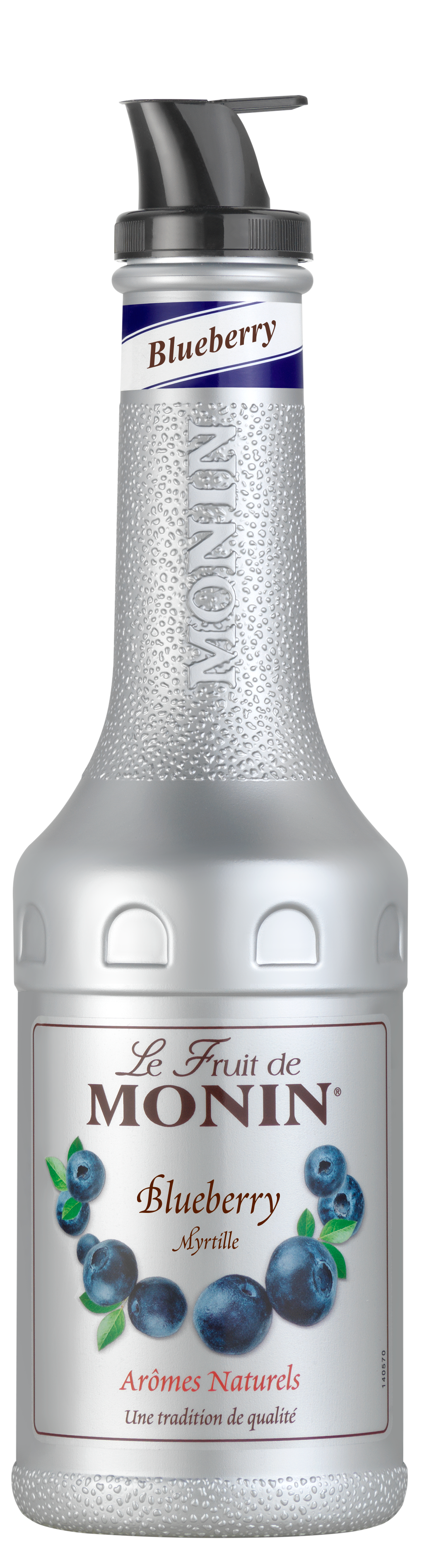 Monin Blueberry puree bottle with blueberries on label