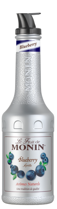 Monin Blueberry puree bottle with blueberries on label