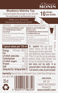 Monin_blueberry_matcha_tea_concentrate_back_label_with_recipes_nutrition_facts_and_ingredients