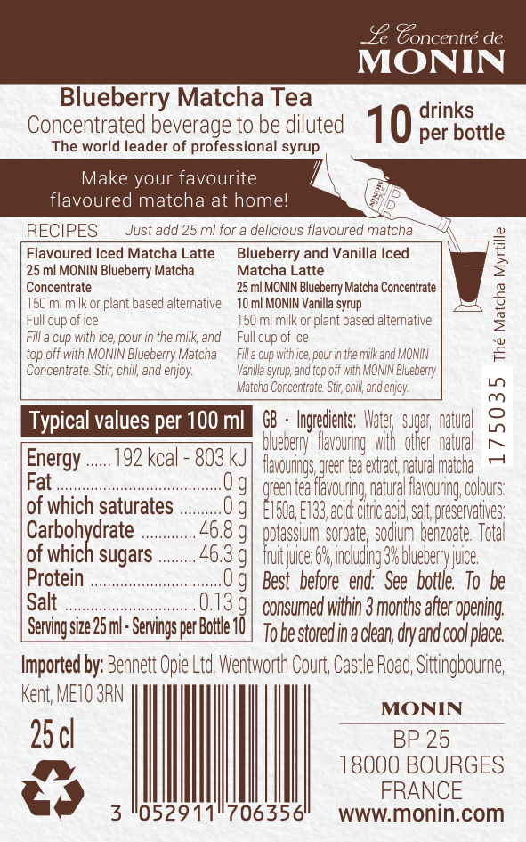 Monin_blueberry_matcha_tea_concentrate_back_label_with_recipes_nutrition_facts_and_ingredients