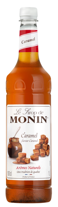 Monin Caramel syrup bottle with a white label