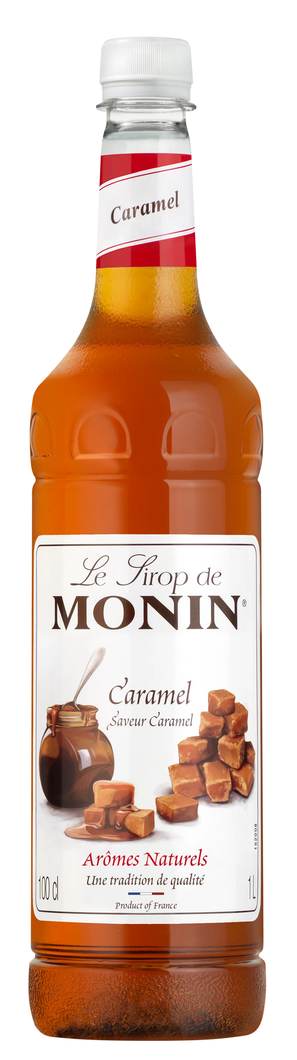 Monin Caramel syrup bottle with a white label
