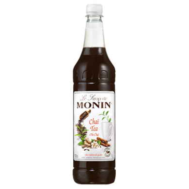 A bottle of Monin Chai Syrup with a label showing the brand name and 'Chai Tea' text, against a plain background.