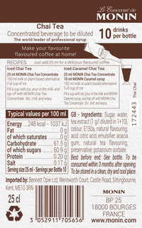 Monin Chai Tea Concentrate back label recipes ingredients nutrition 10 drinks per bottle monin syrups coffee syrup