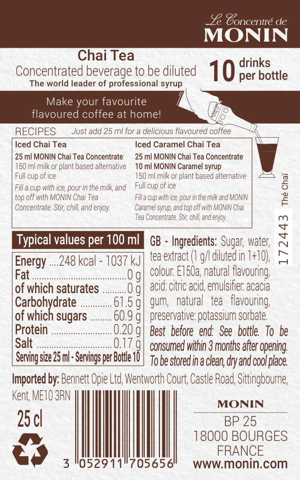 Monin Chai Tea Concentrate back label recipes ingredients nutrition 10 drinks per bottle monin syrups coffee syrup