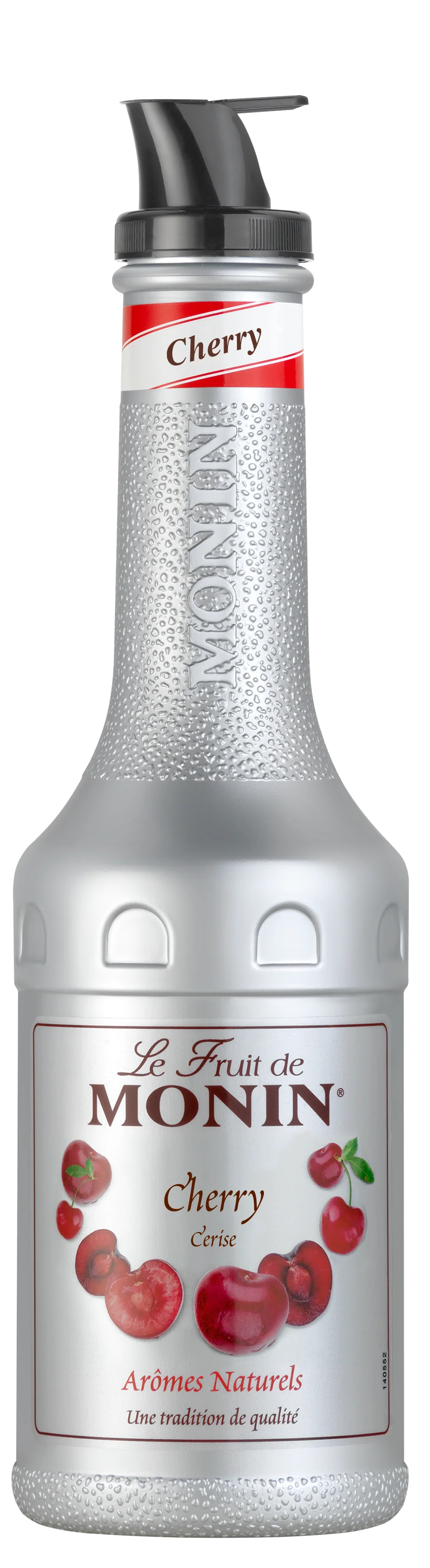 Monin Cherry syrup bottle with red label and cherries on a white background