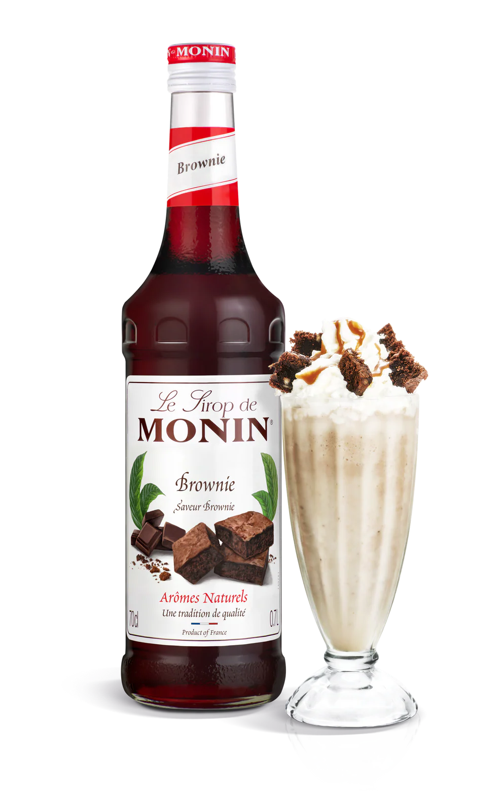 Monin Brownie syrup bottle with a milkshake on a white background