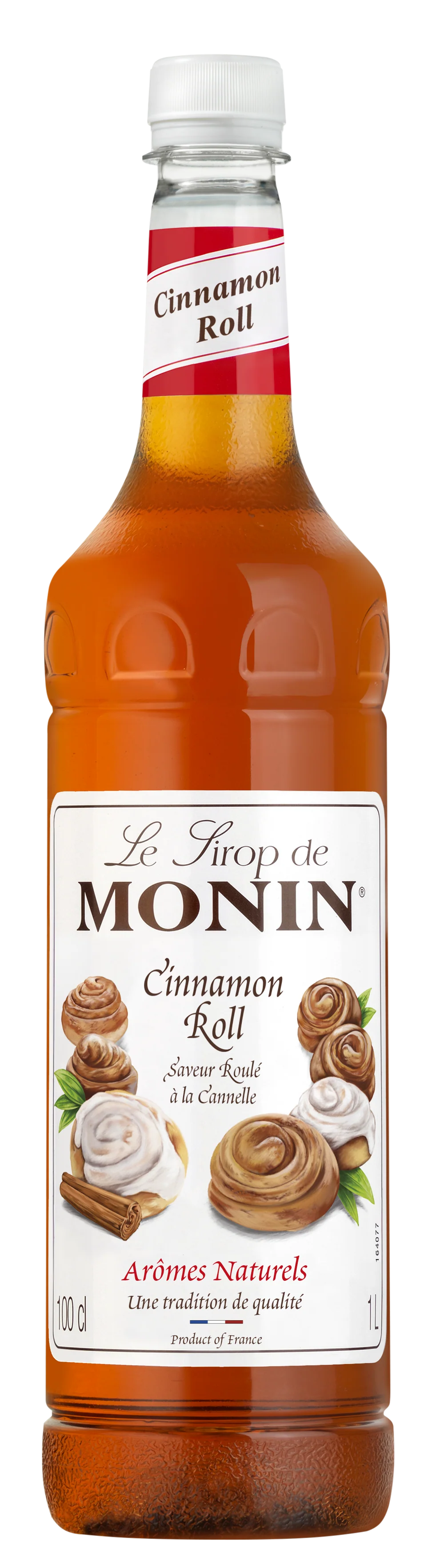 Bottle of Monin Cinnamon Roll syrup with label