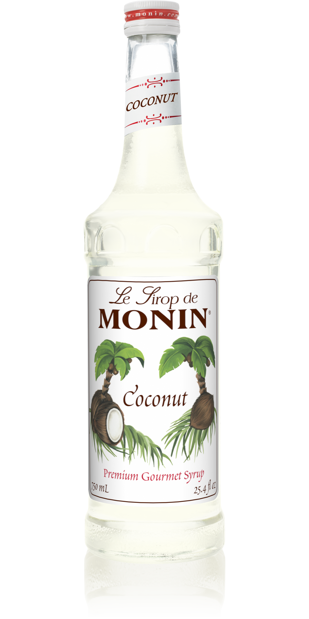 A bottle of Monin Coconut Syrup with a white label, featuring images of coconuts and text indicating the flavor.