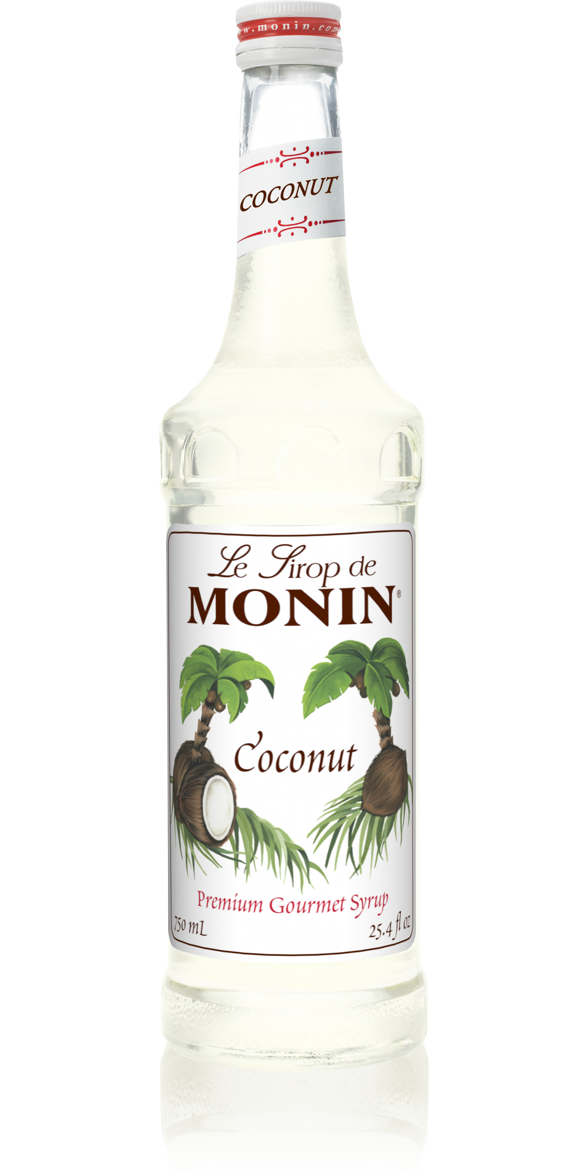A bottle of Monin Coconut Syrup with a white label, featuring images of coconuts and text indicating the flavor.