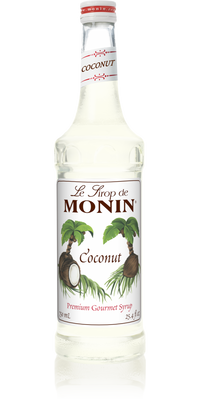 A bottle of Monin Coconut Syrup with a white label, featuring images of coconuts and text indicating the flavor.