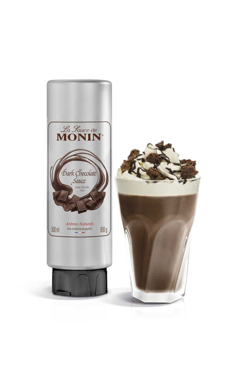 Monin Dark Chocolate Sauce bottle with an illustration of a chocolate milkshake next to it.