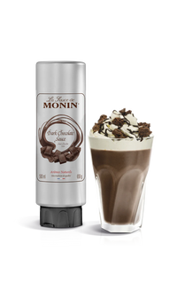 Monin Dark Chocolate Sauce bottle with an illustration of a chocolate milkshake next to it.