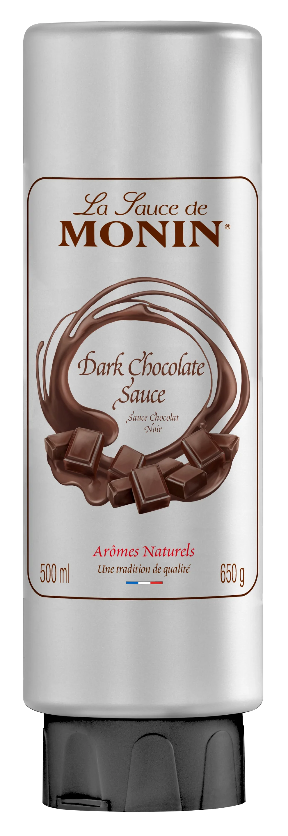 Monin Dark Chocolate Sauce container with branding and product details.