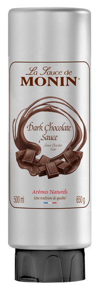 Monin Dark Chocolate Sauce container with branding and product details.