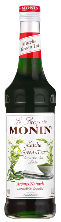 Monin Matcha Green Tea syrup bottle on a white background