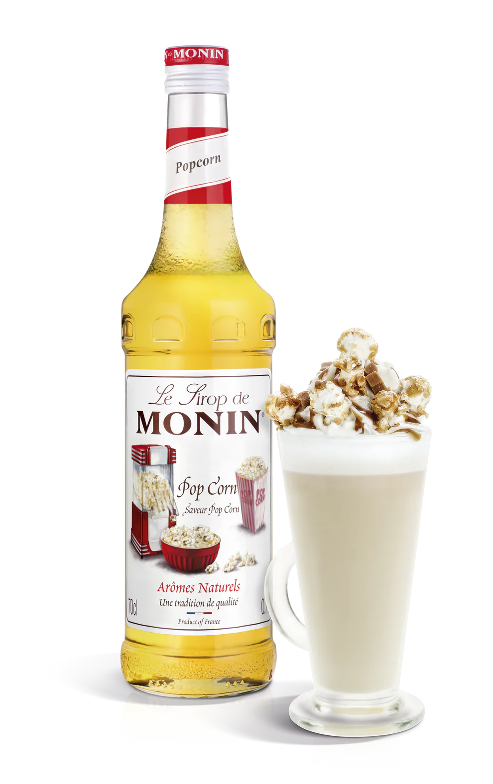 A bottle of Monin Popcorn Syrup with a graphical representation of popcorn next to it, suggesting the flavor profile of the syrup.