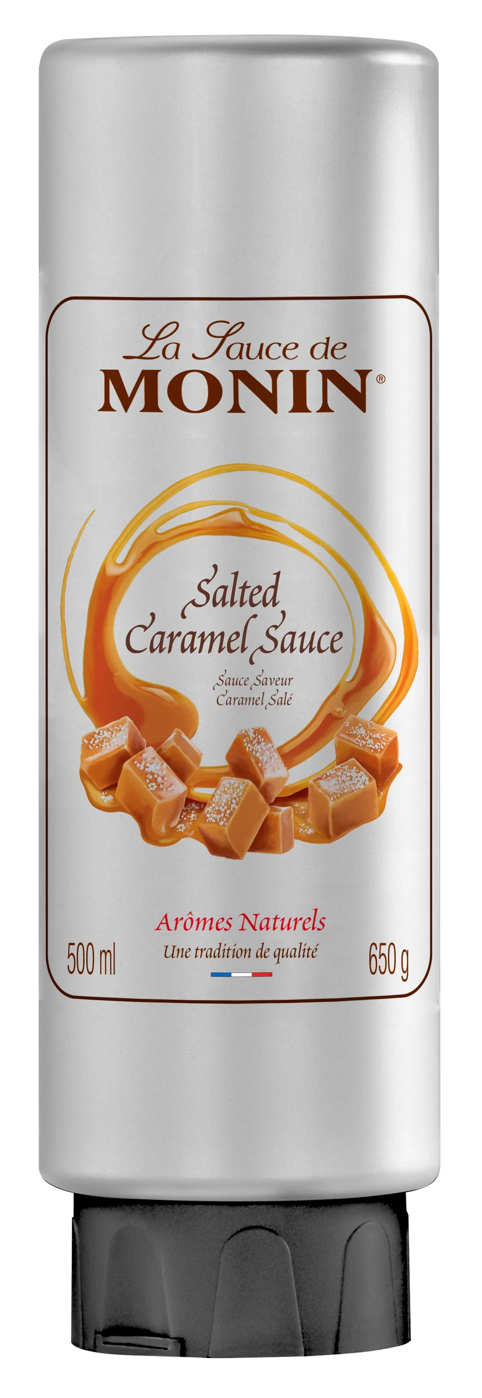 Monin Salted Caramel Sauce container with caramel image on label