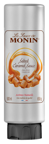 Monin Salted Caramel Sauce container with caramel image on label