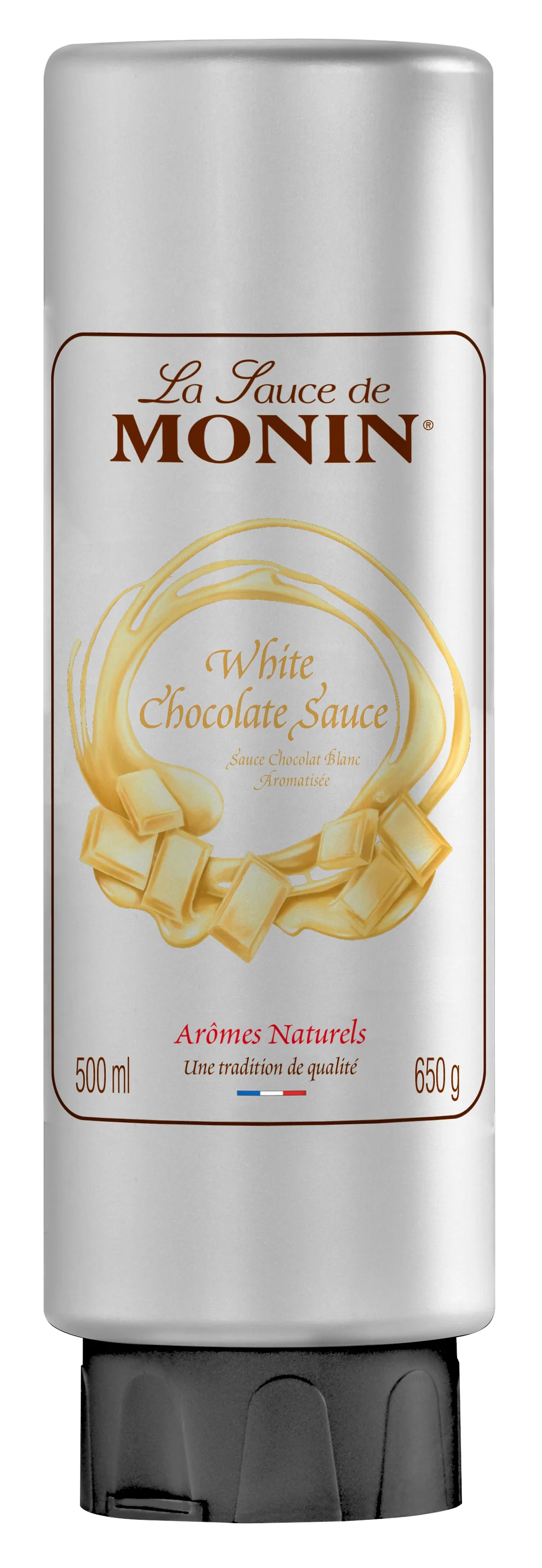 Monin White Chocolate Sauce container with branding and product details.
