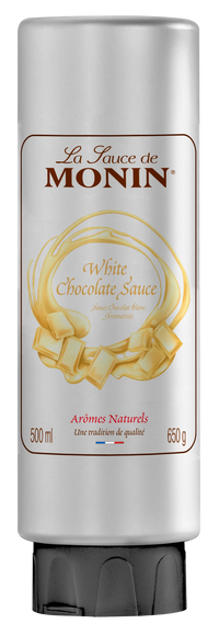 Monin White Chocolate Sauce container with branding and product details.