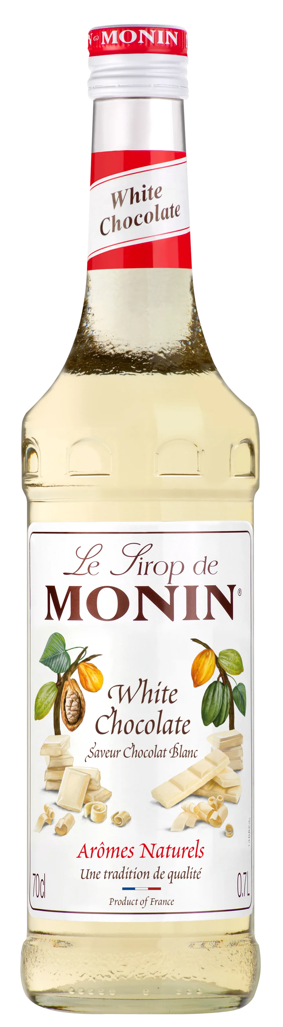 Monin white chocolate syrup bottle with label