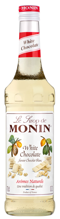 Monin white chocolate syrup bottle with label