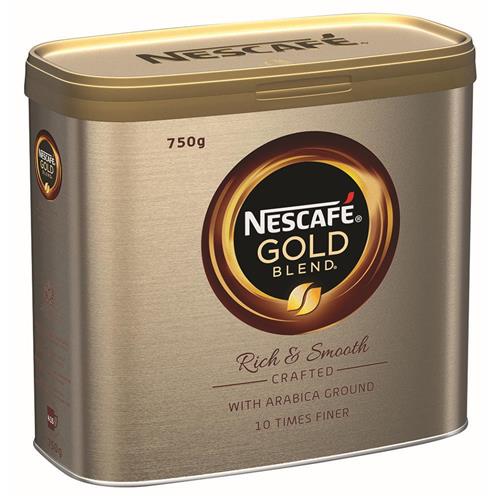 A 750g tin of NESCAFé Gold Blend instant coffee, featuring the NESCAFé logo and the text 'Rich & Smooth', crafted with Arabica ground coffee.