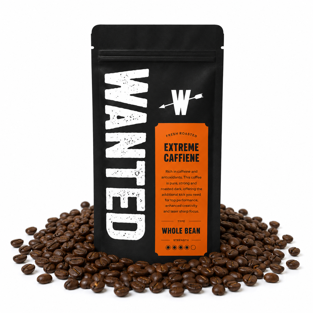 A black stand-up coffee bag labeled 'WANTED' and 'Extreme Caffeine' stands upright on a white background, surrounded by scattered roasted coffee beans.