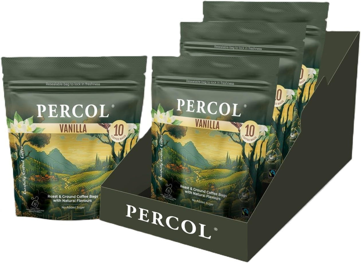 Percol Vanilla coffee packages in a display box