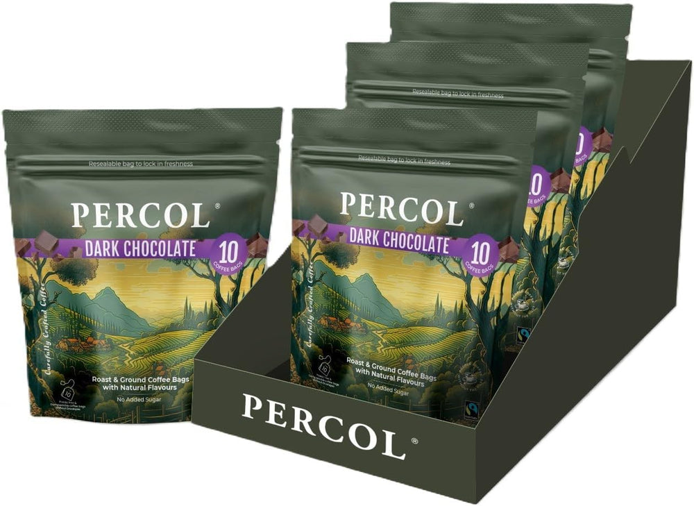 Percol dark chocolate coffee packages in a display stand