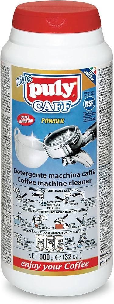 A container of Puly Caff Traditional Coffee Machine Cleaner with product information and branding visible.