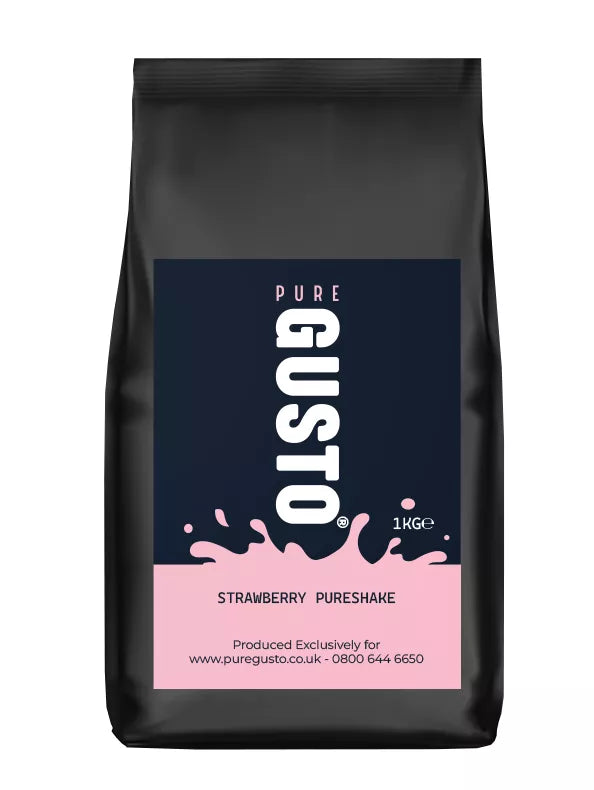 A package of PureShakes Strawberry Milkshake Mix weighing 1kg.
