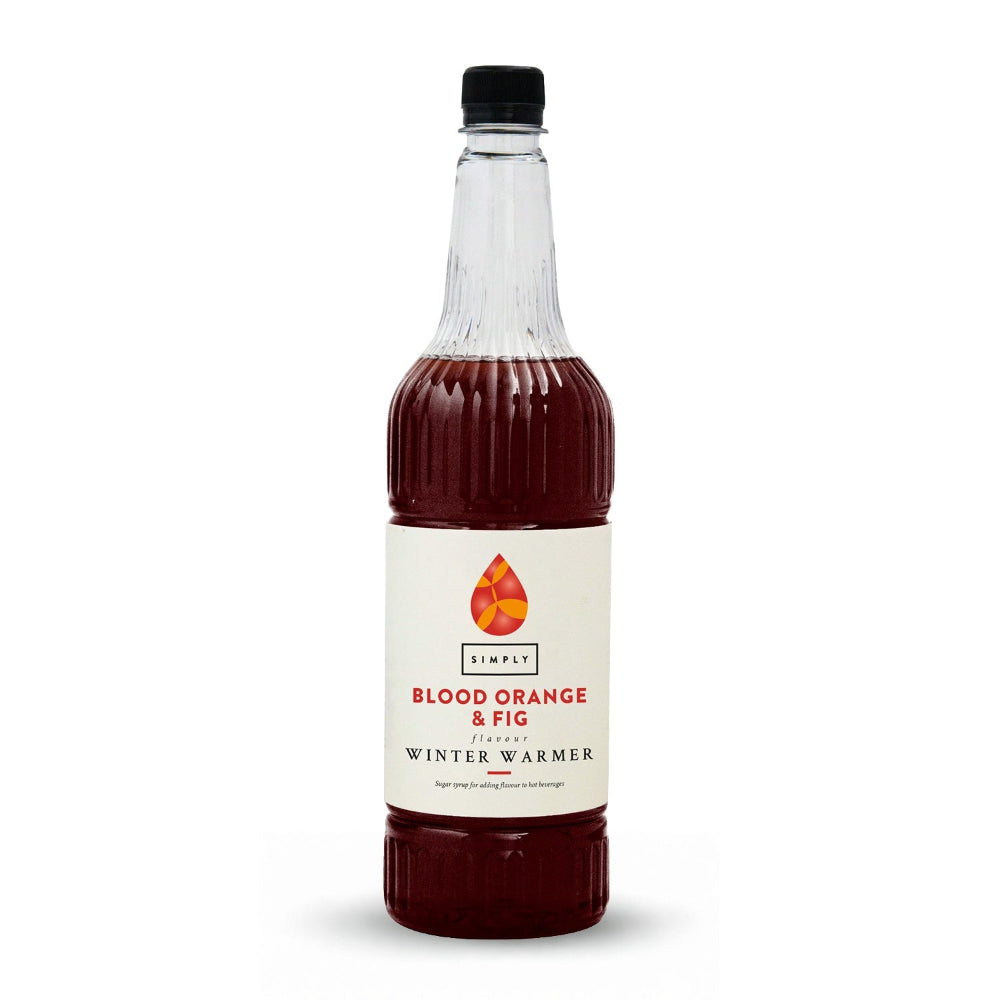 Product photo Simply blood orange fig winter warmer syrup bottle 1L dark red liquid white background