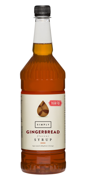 A bottle of Simply Sugar Free Gingerbread Syrup, 1 litre in size, with a white label and red text.
