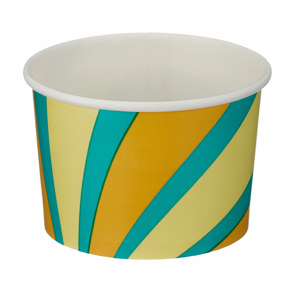 Product photograph of empty small patterned 4oz ice cream tub featuring yellow teal and orange diagonal stripes