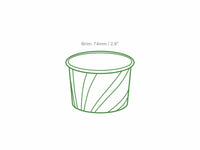 Technical line drawing of small patterned 4oz ice cream tub displaying brim dimensions 74mm / 2.9 inches