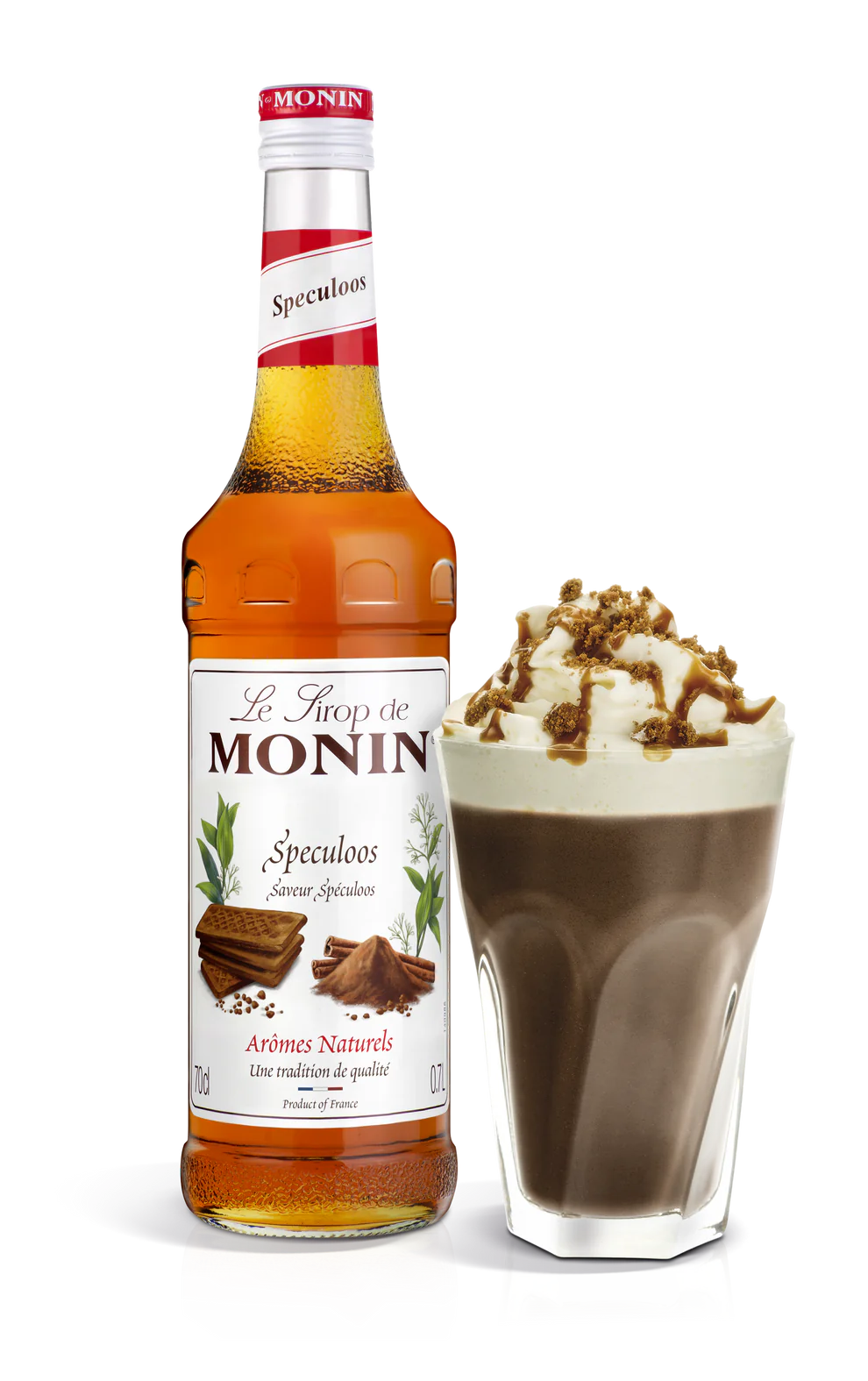 A bottle of Monin Speculoos Syrup with a decorative image of a coffee beverage topped with whipped cream and chocolate sprinkles.