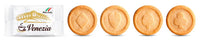 Product photograph showing Caffè Venezia branded packet alongside three embossed Italian biscuits featuring diamond, heart, and spade designs.