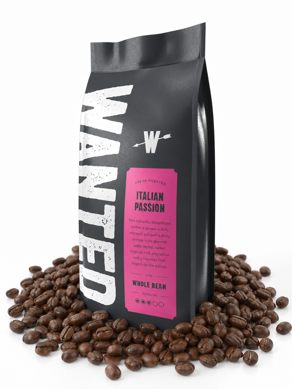 A black coffee bag labeled 'WANTED' with a bright pink 'Italian Passion' label, surrounded by scattered roasted coffee beans on a white background.