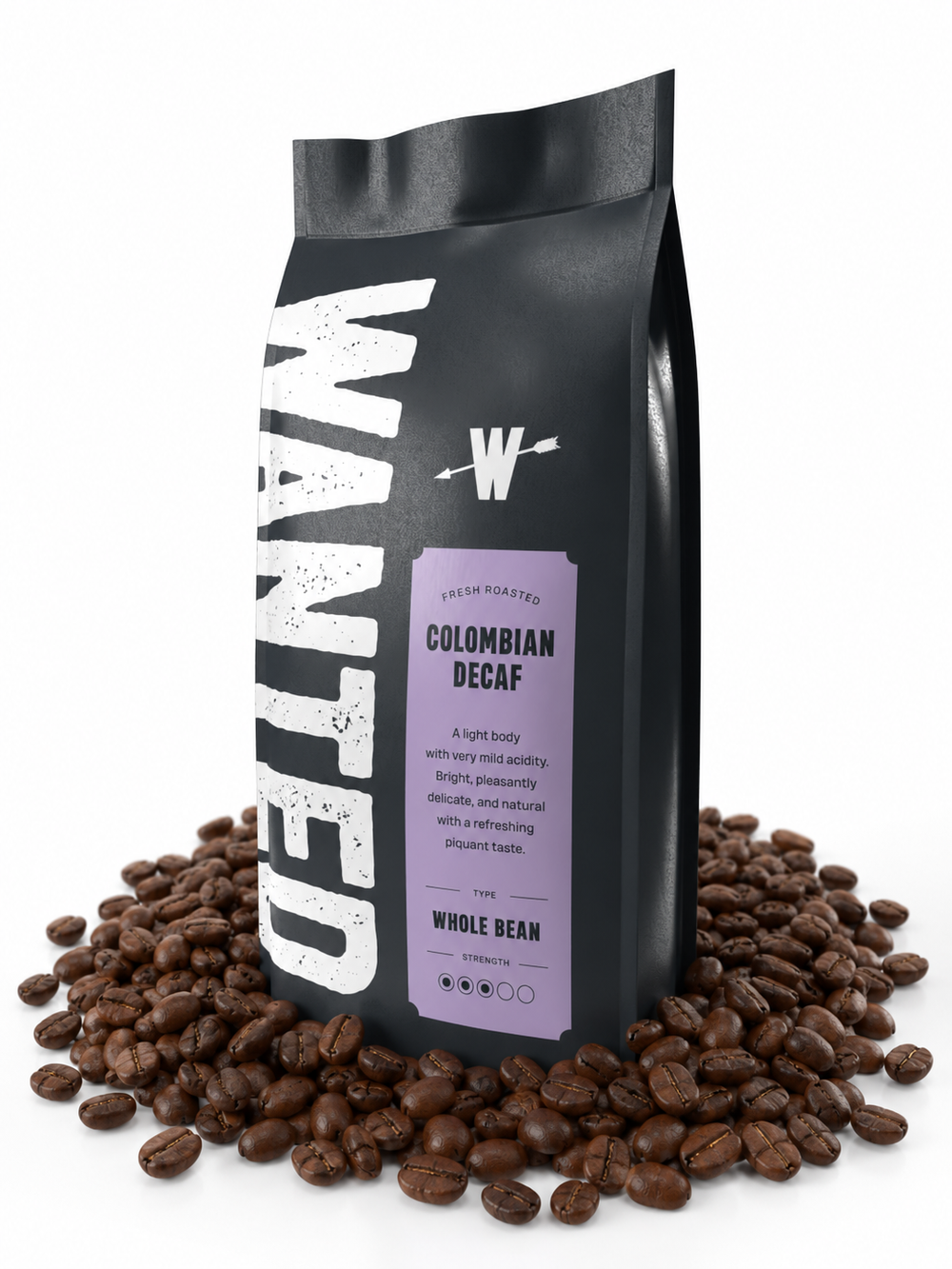 A black coffee bag labeled 'WANTED' with a lavender panel reading 'Colombian Decaf' and 'Whole Bean,' surrounded by scattered coffee beans on a white background.