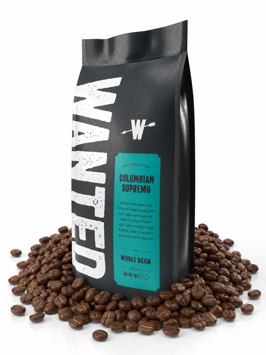 A black coffee bag standing upright on a white background, surrounded by scattered roasted coffee beans. The bag has large distressed white vertical text reading 'WANTED' and a teal label that says 'Colombian Supremo' and 'Whole Bean'.