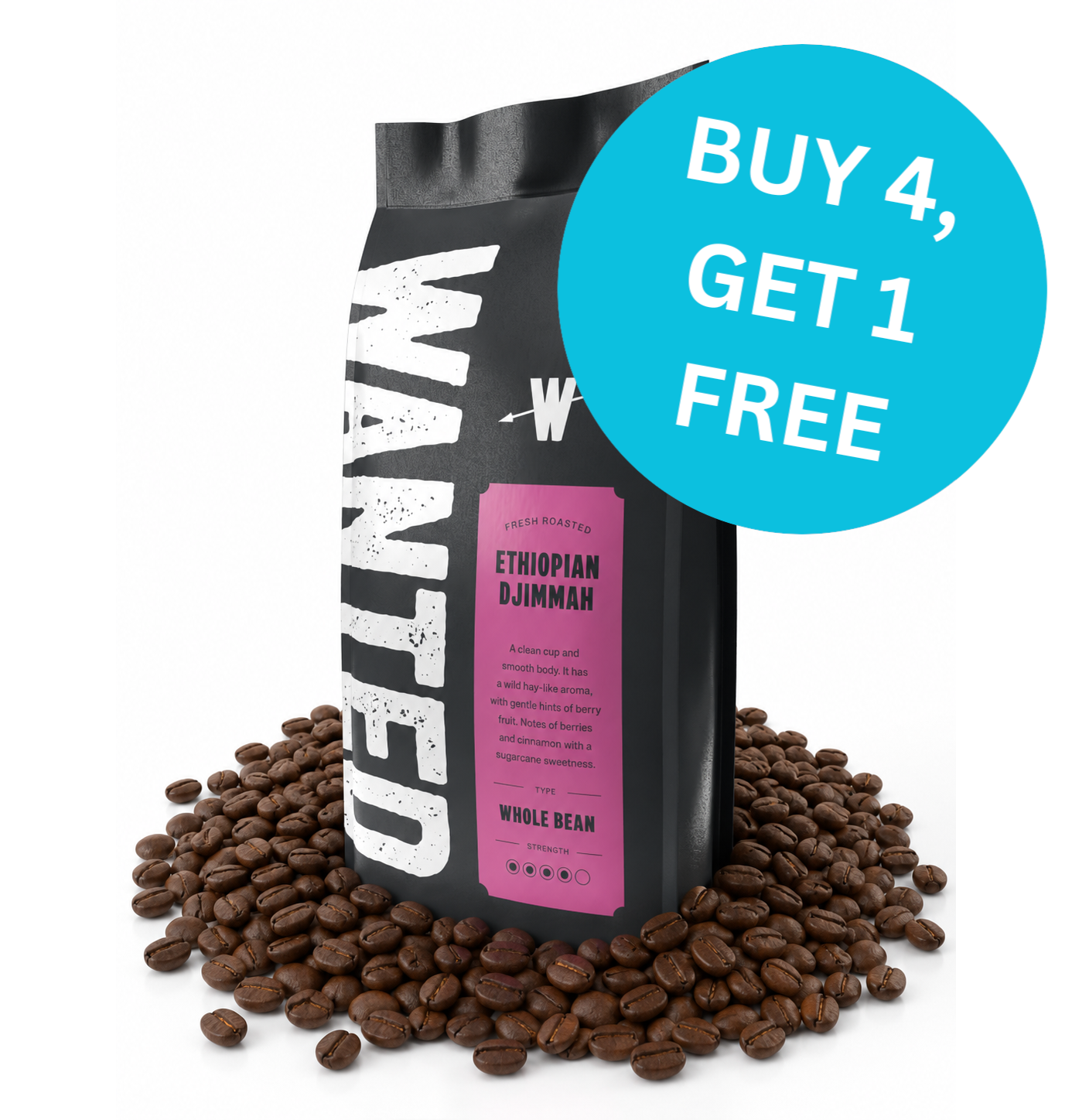 A bag of Wantum Ethiopian Djinnah whole bean coffee stands on a bed of loose coffee beans against a white background, with a bright blue circular promotional badge reading 'BUY 4, GET 1 FREE'.