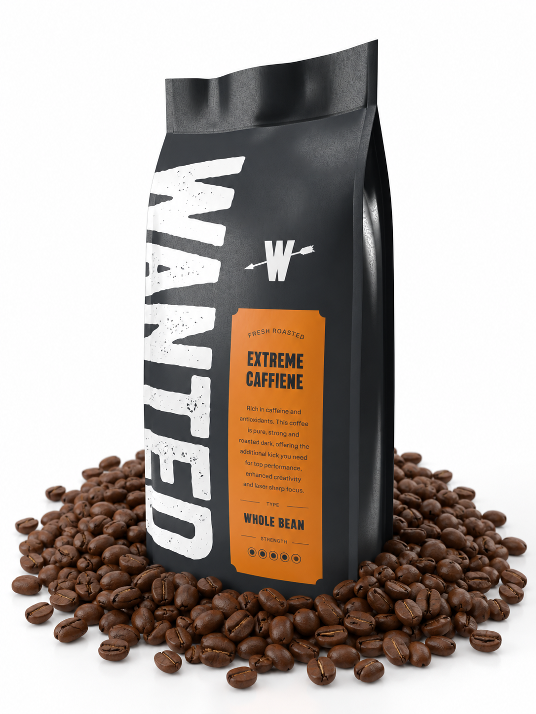 A black coffee bag labeled 'WANTED' with an orange 'Extreme Caffeine' label, surrounded by scattered roasted coffee beans on a white background.