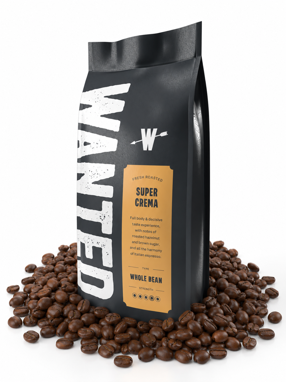 A black coffee bag labeled 'WANTED' and 'Super Crema' stands upright on a white background, surrounded by scattered roasted coffee beans.
