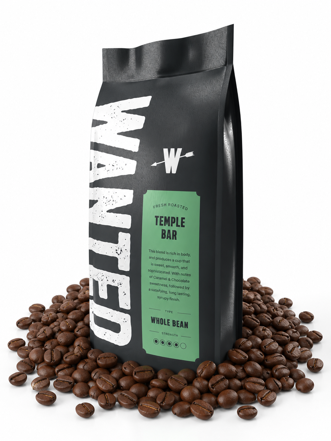 A black coffee bag labeled 'WANTED Temple Bar' stands upright on a white background, surrounded by scattered roasted coffee beans. The bag has a mint green label and large distressed white lettering.