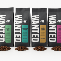 Four 1kg bags of Wanted Whole Bean coffee – Temple Bar, Colombian Supremo, Super Crema, and Italian Passion – standing upright in a row on a white background with roasted coffee beans scattered in front of each bag.