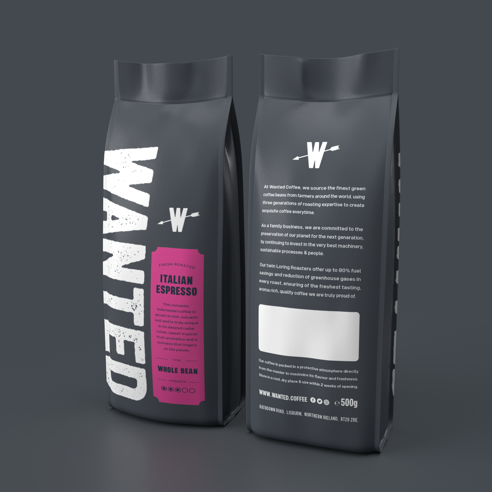 Matte black coffee beans packaging with Italian espresso label, specialty coffee branding, front and back pouch design