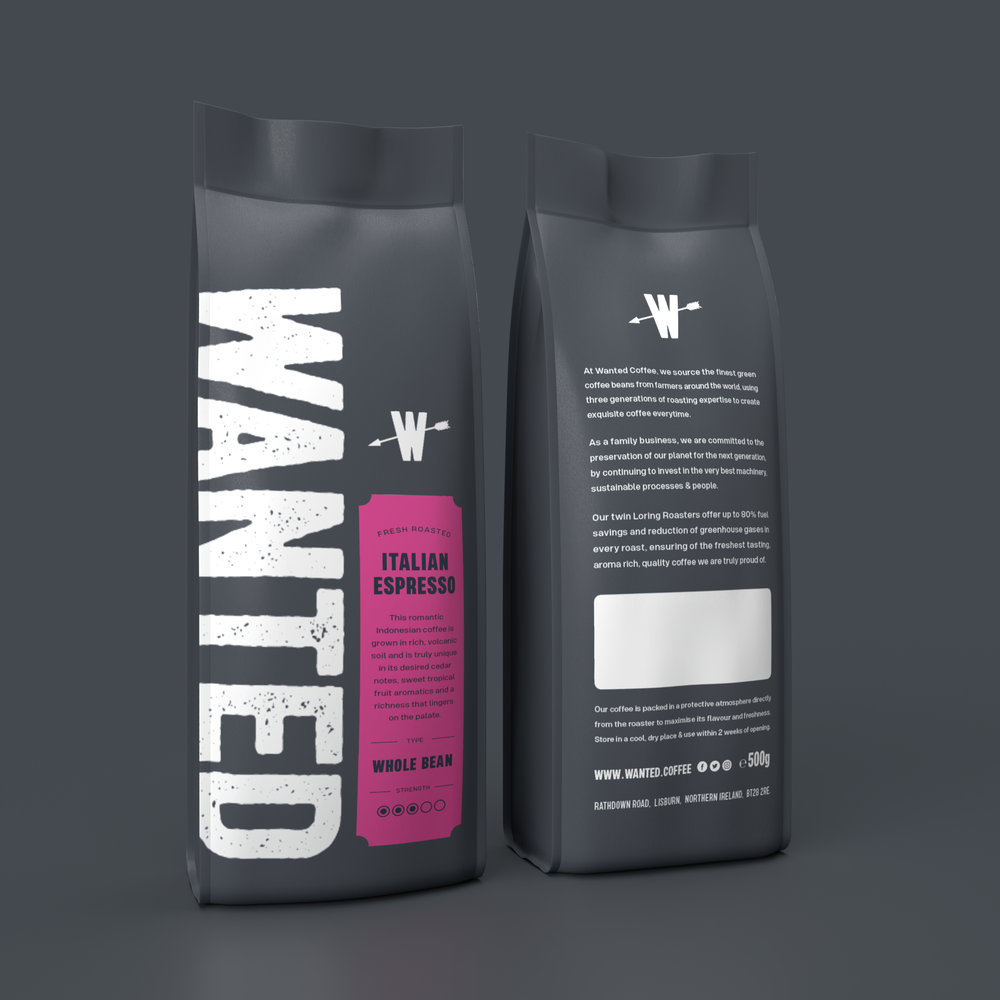 Modern coffee beans bag with bold Wanted branding and Italian espresso label, premium specialty coffee packaging design
