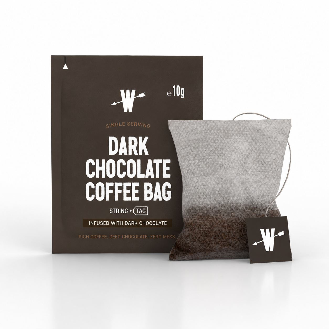 Dark chocolate coffee bag with packaging on a white background